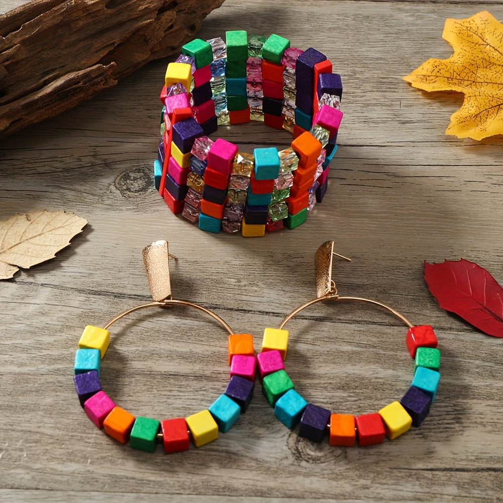 3pcs Set Bohemian Wooden Colorful Beaded Bracelet and a Pair of Colorful Beaded Earrings Bohemian Jewelry Set