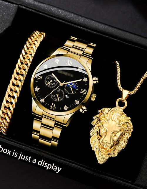 Load image into Gallery viewer, 3/ Piece Set Men Fashion Alloy Watch, Alloy Bracelet And Lion Head Alloy Necklace Are Ideal Gifts for Men.
