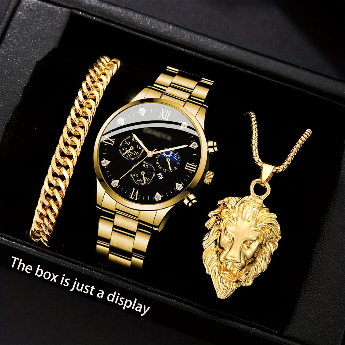 3/ Piece Set Men Fashion Alloy Watch, Alloy Bracelet And Lion Head Alloy Necklace Are Ideal Gifts for Men.