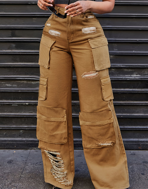 Load image into Gallery viewer, Y2K Women Mid Waist Cargo Jeans, Multi-Pocket Straight Denim Pants, Zippered Denim Raw Edge Hem Ripped Denim Pants
