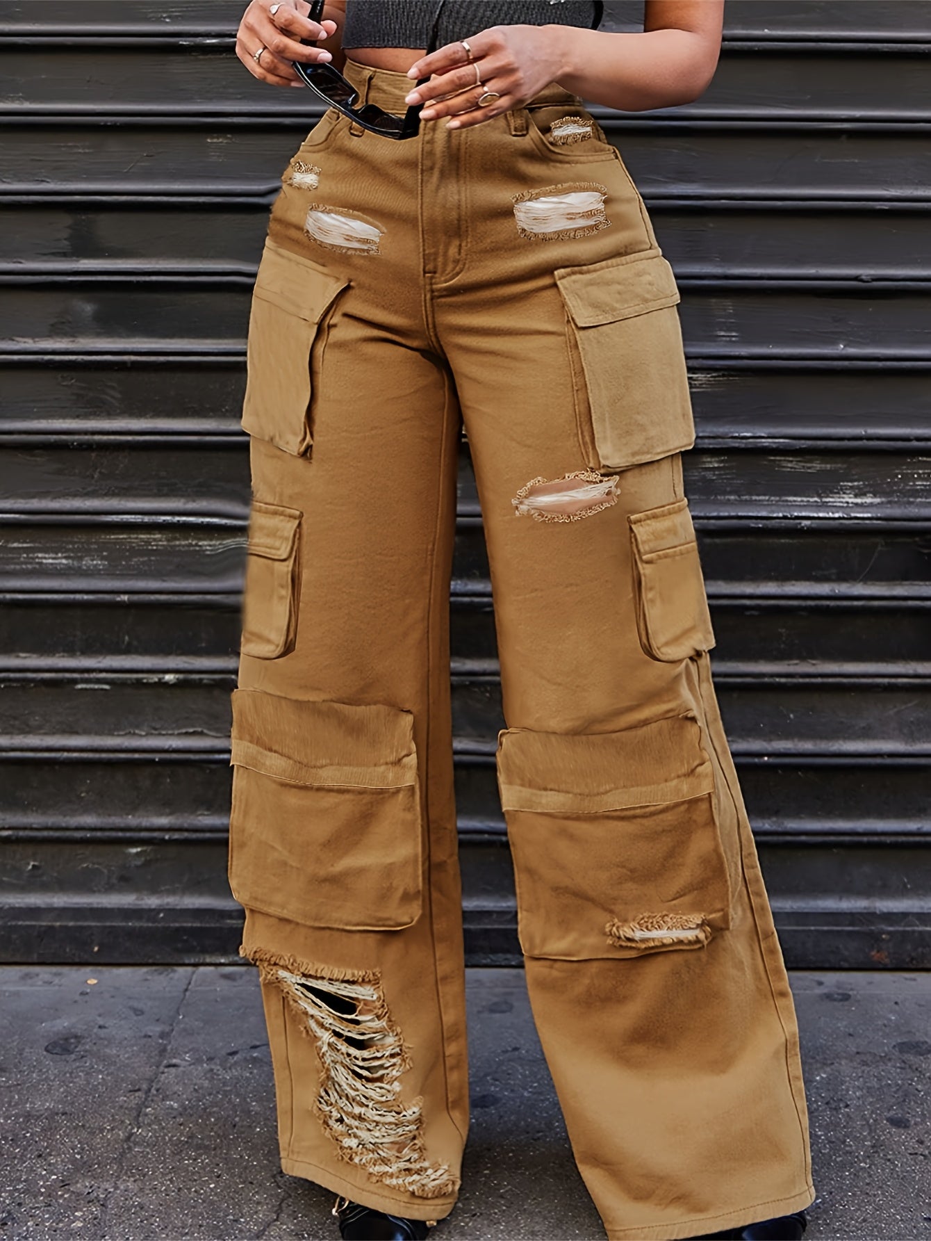 Y2K Women Mid Waist Cargo Jeans, Multi-Pocket Straight Denim Pants, Zippered Denim Raw Edge Hem Ripped Denim Pants