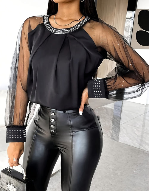 Load image into Gallery viewer, Elegant Women Black Blouse | Round Neck, Long Sleeves, Machine Washable, Breathable Fabric, Sophisticated Detailing Very Fashionable
