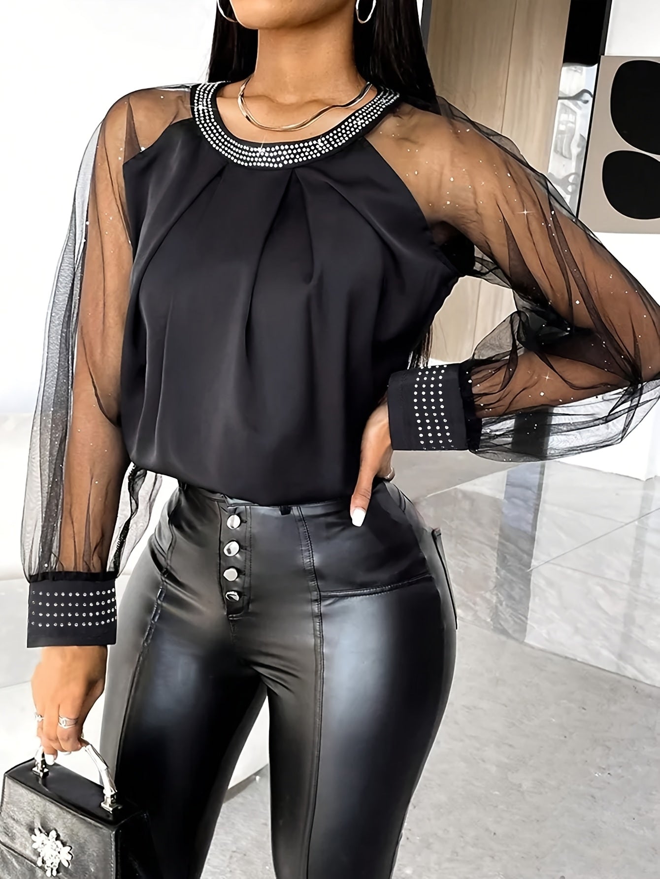 Elegant Women Black Blouse | Round Neck, Long Sleeves, Machine Washable, Breathable Fabric, Sophisticated Detailing Very Fashionable