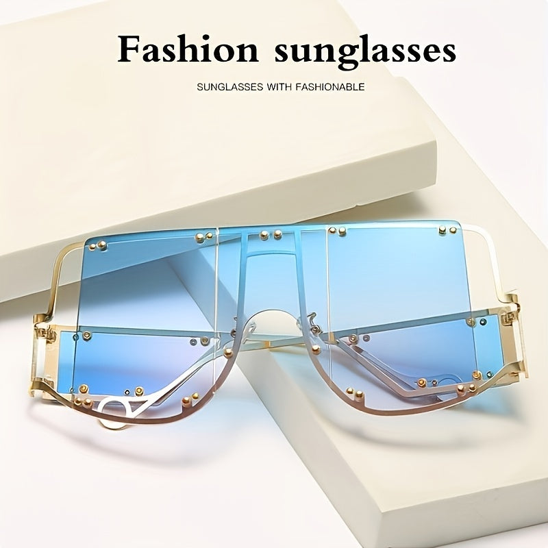 Punk Style Women's Fashion Glasses - Retro Large Frame with Rivet Accents, Protection, Durable Plastic Frame & PC Lenses, Includes Microfiber Cloth for Travel, Photography, Casual Outings