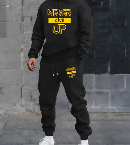 Men Fall/Winter Casual Hooded Sweat suit Set- Knit Polyester Tracksuit with Never Give Up Print, Regular Fit Hoodie and Sweatpants, Comfortable Athletic Fashion Outfit with Slight Stretch