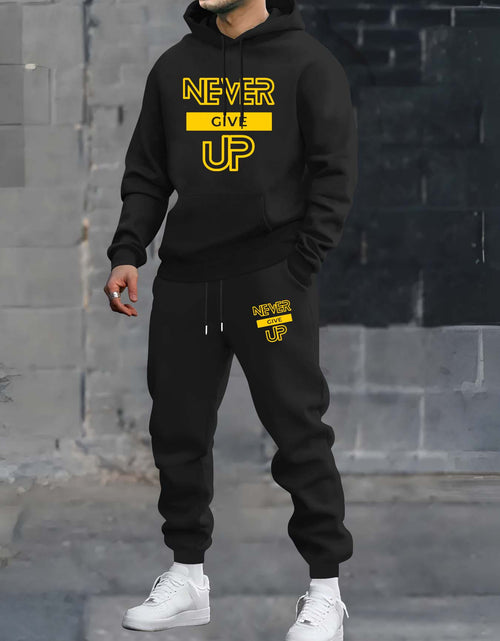 Load image into Gallery viewer, Men Fall/Winter Casual Hooded Sweat suit Set- Knit Polyester Tracksuit with Never Give Up Print, Regular Fit Hoodie and Sweatpants, Comfortable Athletic Fashion Outfit with Slight Stretch
