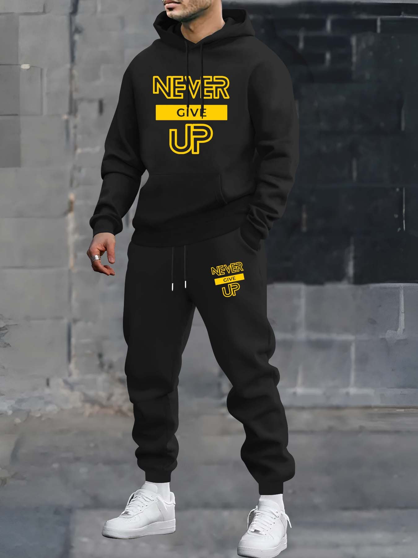 Men Fall/Winter Casual Hooded Sweat suit Set- Knit Polyester Tracksuit with Never Give Up Print, Regular Fit Hoodie and Sweatpants, Comfortable Athletic Fashion Outfit with Slight Stretch