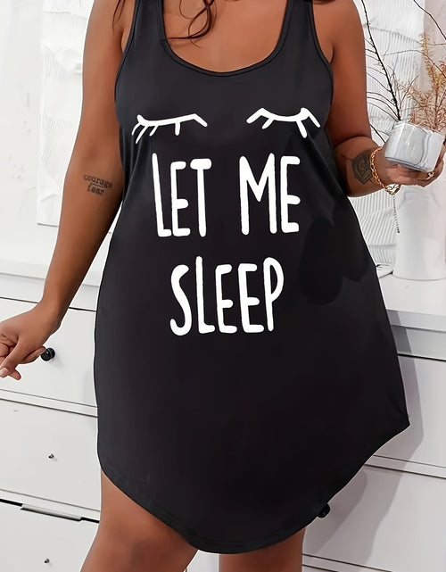 Load image into Gallery viewer, Plus Size Women Cozy Casual Sleep Dress - Soft Slight Stretch Polyester Racer Back Tank Nightdress with Alphabets Print, Dipped Hem, and Crew Neck
