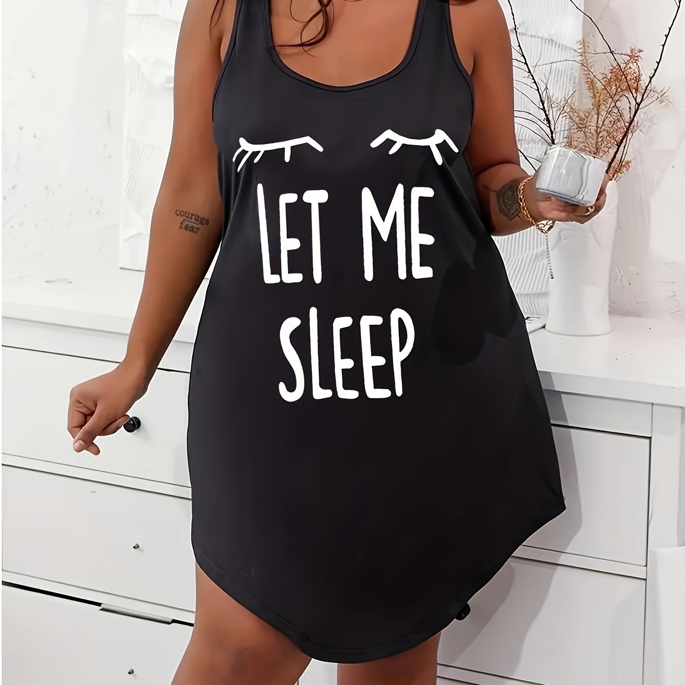 Plus Size Women Cozy Casual Sleep Dress - Soft Slight Stretch Polyester Racer Back Tank Nightdress with Alphabets Print, Dipped Hem, and Crew Neck