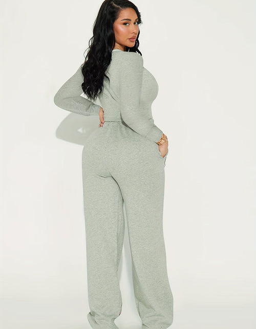 Load image into Gallery viewer, 2pcs Women Casual Long Sleeved Top And Side Striped Style Drawstring Pocket Pants Set For Autumn And Winter
