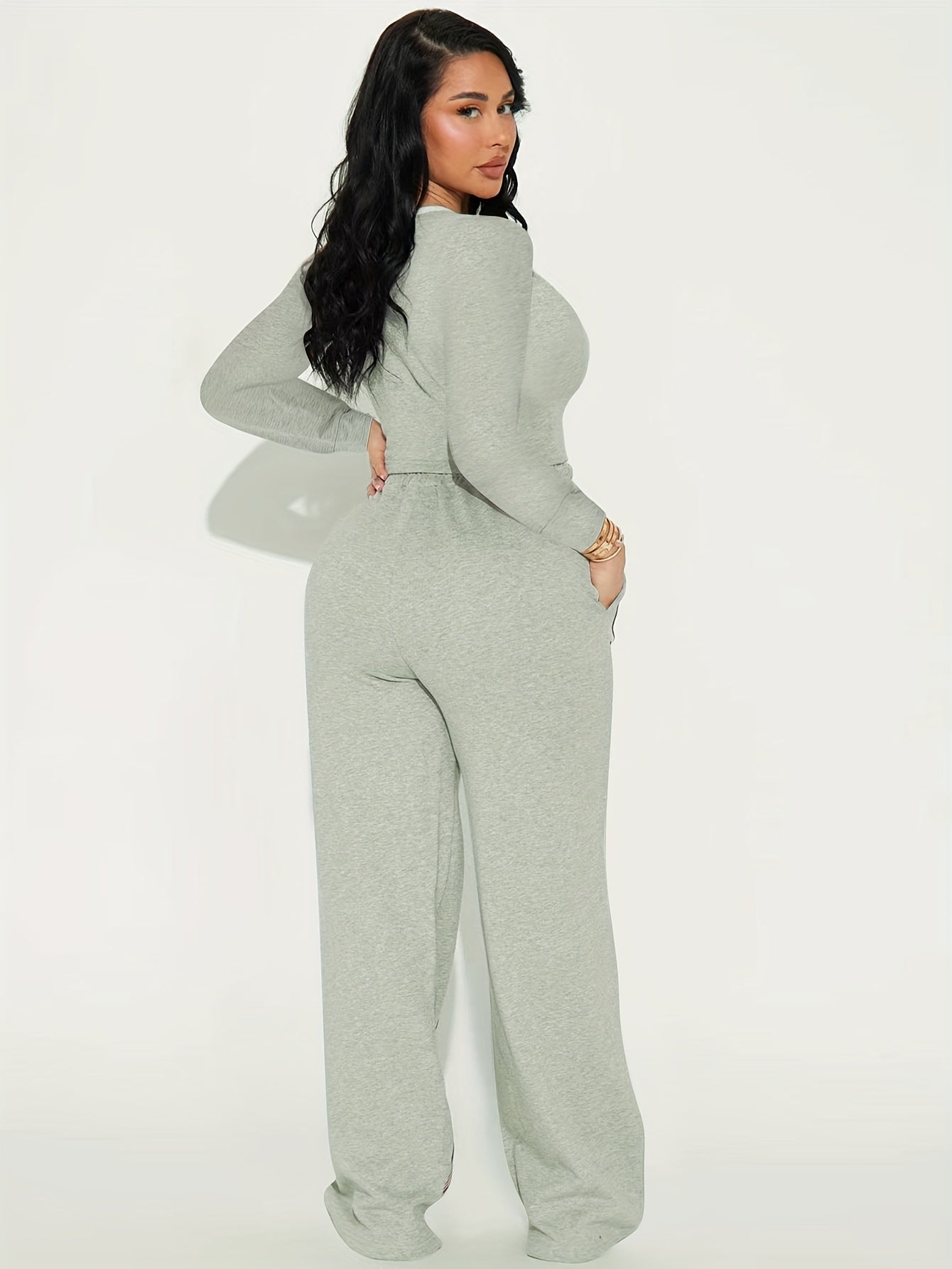 2pcs Women Casual Long Sleeved Top And Side Striped Style Drawstring Pocket Pants Set For Autumn And Winter