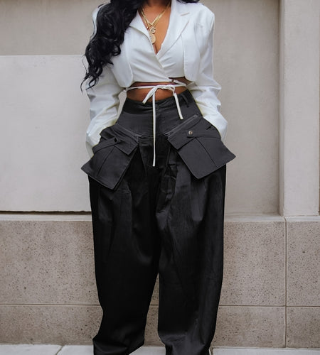 Women's High-Waisted Wide Leg Cargo Pants with Detachable 3D Pockets & Side Zipper Pockets - Lightweight Stretch Polyester-Spandex Blend, Loose Fit Solid Color Trousers