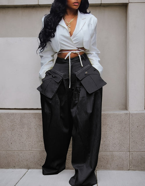 Load image into Gallery viewer, Women&#39;s High-Waisted Wide Leg Cargo Pants with Detachable 3D Pockets &amp; Side Zipper Pockets - Lightweight Stretch Polyester-Spandex Blend, Loose Fit Solid Color Trousers
