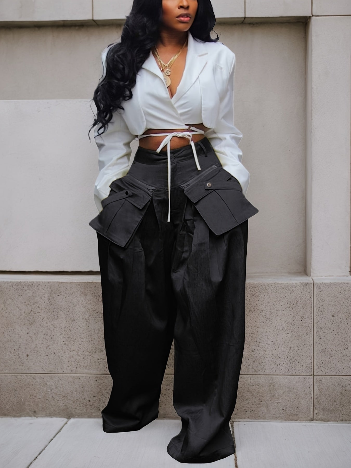 Women's High-Waisted Wide Leg Cargo Pants with Detachable 3D Pockets & Side Zipper Pockets - Lightweight Stretch Polyester-Spandex Blend, Loose Fit Solid Color Trousers