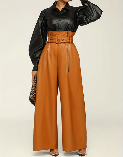 Load image into Gallery viewer, Women High-Waisted Wide Leg Pants with Metallic Belt Detail - Elegant Solid Black Trousers, All-Season Versatile Office &amp; Casual Wear, Durable PU Material,  Easy Care, High Waisted Formal Trousers, Sleek Design, Smooth Textur
