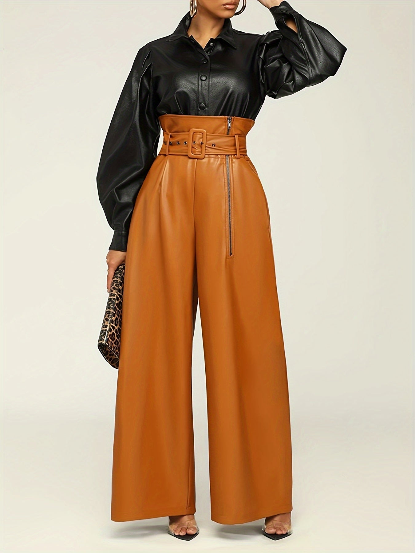Women High-Waisted Wide Leg Pants with Metallic Belt Detail - Elegant Solid Black Trousers, All-Season Versatile Office & Casual Wear, Durable PU Material,  Easy Care, High Waisted Formal Trousers, Sleek Design, Smooth Textur