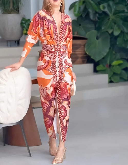 Load image into Gallery viewer, Vintage Baroque Slim Fit Midi Dress Long Sleeve Plunge V-Neck Bodycon Sexy Split Geometric Pattern Casual Wear Polyester Blend
