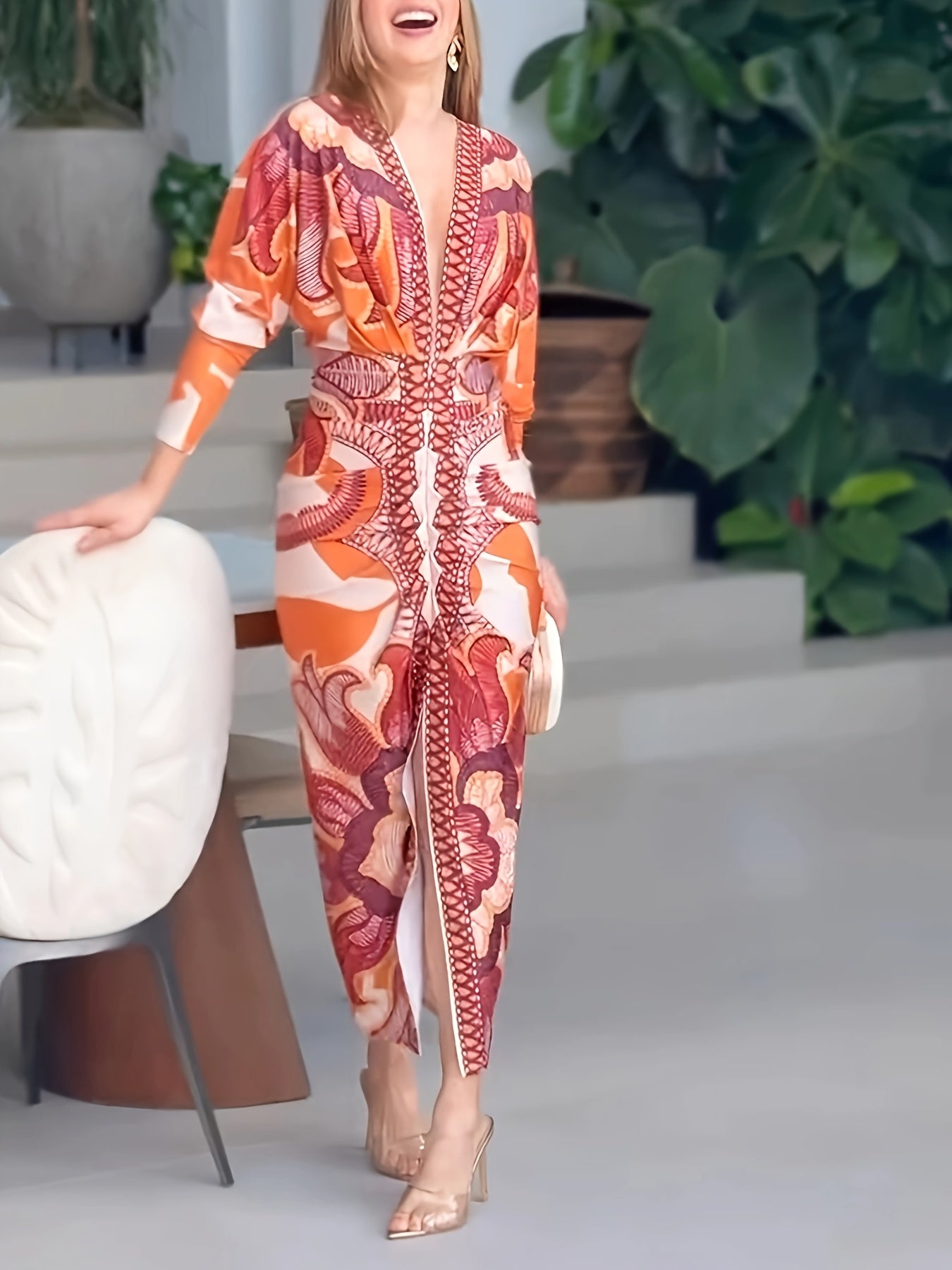 Vintage Baroque Slim Fit Midi Dress Long Sleeve Plunge V-Neck Bodycon Sexy Split Geometric Pattern Casual Wear Polyester Blend