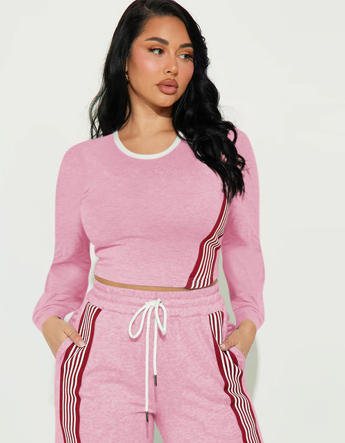 Load image into Gallery viewer, 2pcs Women Casual Long Sleeved Top And Side Striped Style Drawstring Pocket Pants Set For Autumn And Winter
