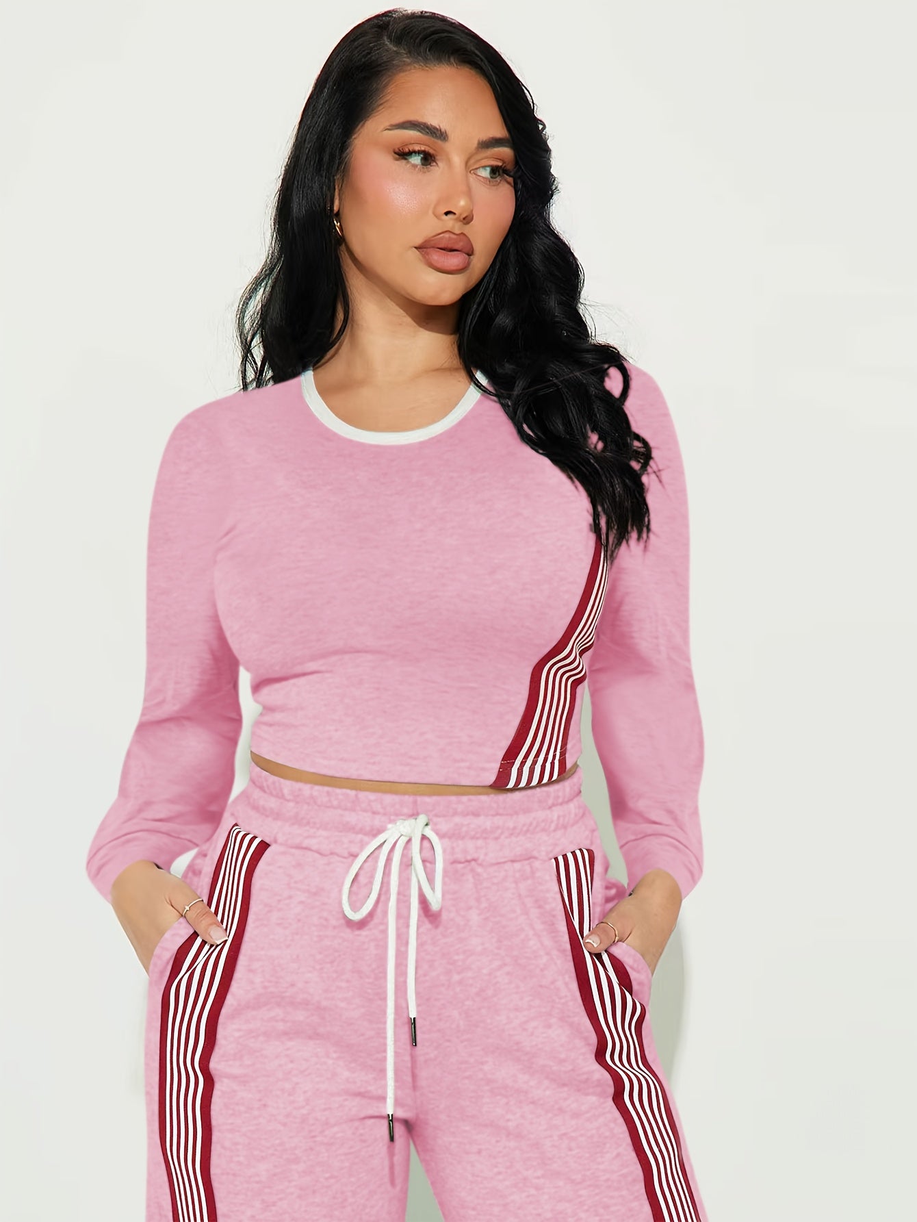 2pcs Women Casual Long Sleeved Top And Side Striped Style Drawstring Pocket Pants Set For Autumn And Winter