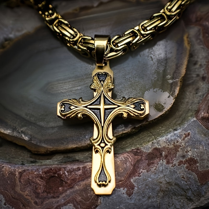 Men Stainless Steel Cross Necklace Set 2pcs Cuban Chain with Cross Pendant Retro Fashion Jewelry for Men