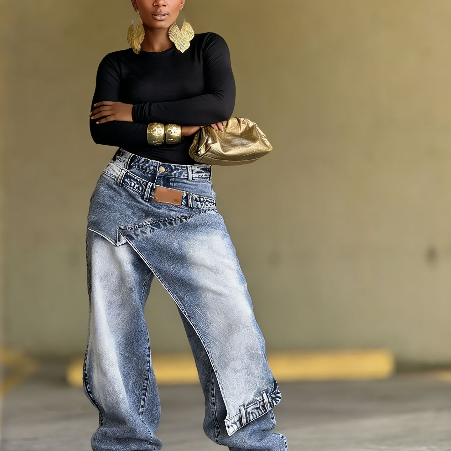 Women's Jeans with Unique Asymmetrical Cut, Distressed Wash, Loose Tapered Fit to Conceal And Slim, Pair with Metallic Accessories to Instantly Become A Street-style Icon