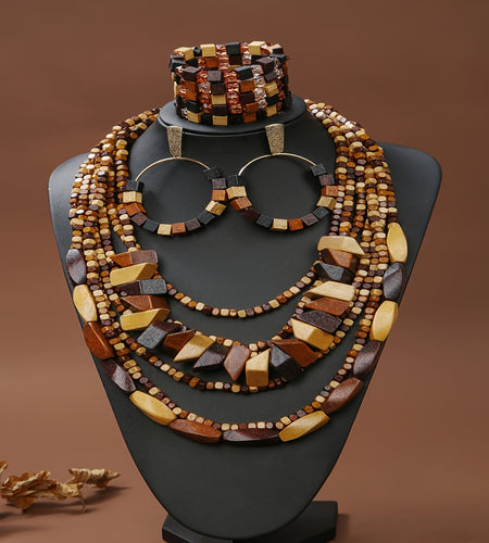 Bohemian Style Wooden Earrings, Bracelet, and Necklace Set - Suitable for Everyday Wear and Gift Giving