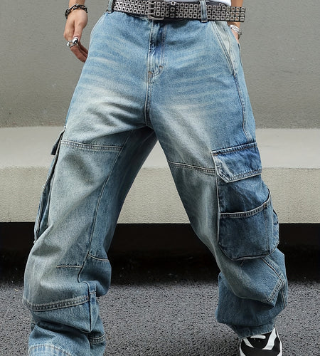 Men Vintage Washed Denim Cargo Pants - Loose Fit Wide-Leg Jeans with Multi-Pocket Storage, Distressed Details, Mid-Rise Design for Streetwear Style, Casual Outings, and All-Season Wear, Casual Attire, Flap Pockets