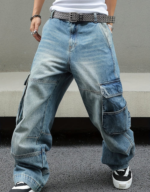 Load image into Gallery viewer, Men Vintage Washed Denim Cargo Pants - Loose Fit Wide-Leg Jeans with Multi-Pocket Storage, Distressed Details, Mid-Rise Design for Streetwear Style, Casual Outings, and All-Season Wear, Casual Attire, Flap Pockets

