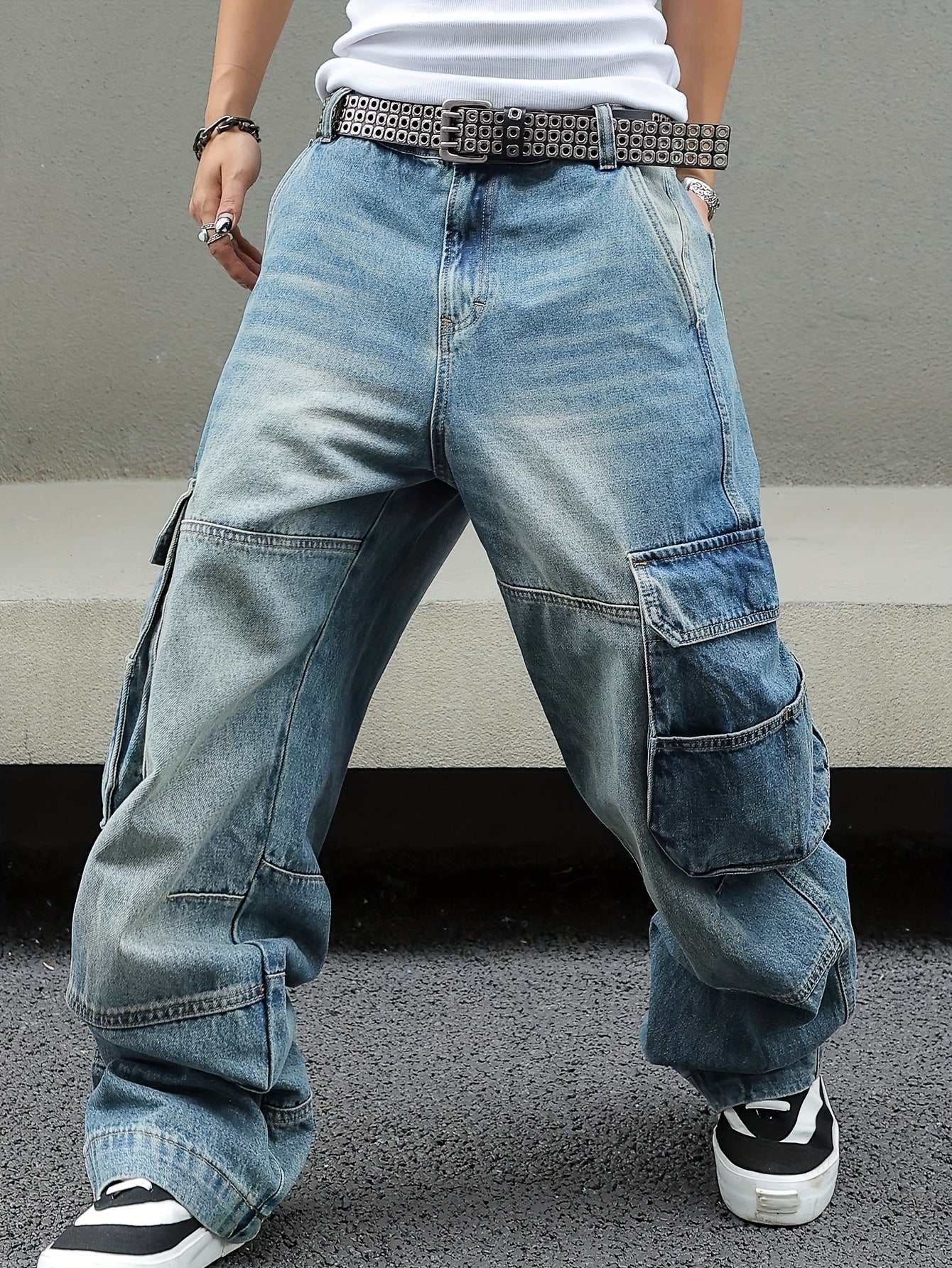 Men Vintage Washed Denim Cargo Pants - Loose Fit Wide-Leg Jeans with Multi-Pocket Storage, Distressed Details, Mid-Rise Design for Streetwear Style, Casual Outings, and All-Season Wear, Casual Attire, Flap Pockets