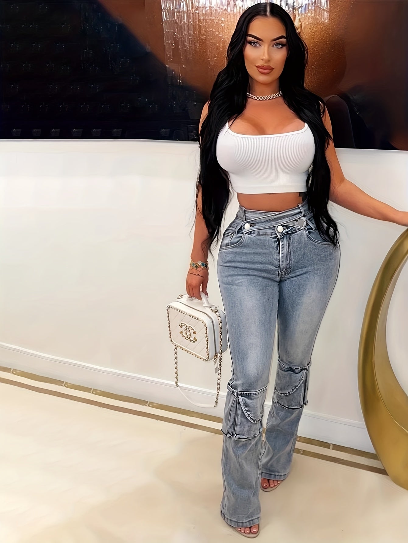 Women Double Waistband Flare Pants | Cargo Style Bootcut Jeans with Cross Front Ties, Stretch Denim,  Sexy Streetwear Look.