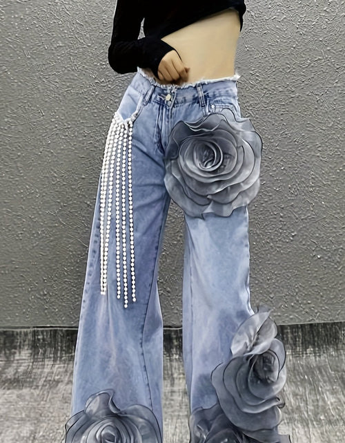 Load image into Gallery viewer, Women Mid-Waist Wide-Leg Jeans, Adorned with 3D Flowers And Pearl Pendant Chains, Are Stylish And Versatile Denim Pants Suitable for All Seasons And Various Occasions
