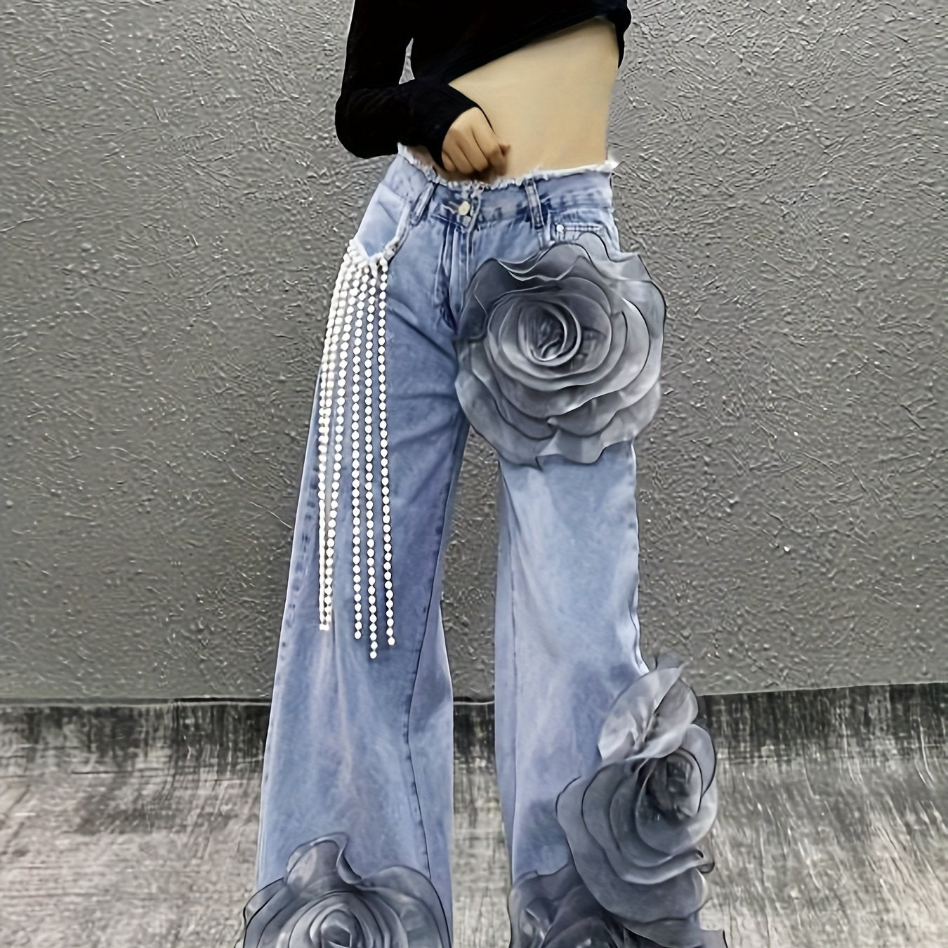 Women Mid-Waist Wide-Leg Jeans, Adorned with 3D Flowers And Pearl Pendant Chains, Are Stylish And Versatile Denim Pants Suitable for All Seasons And Various Occasions