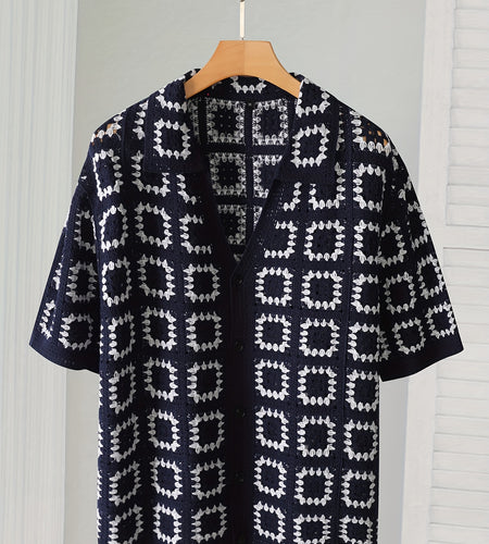 Men's Geometric Crochet Cardigan - Black & White Contrast Short Sleeve Open Front Button Detail, Relaxed Fit Casual All-Season Knit Sweater, Versatile Fashion, Classic Turndown Collar, Elegant Button Closure
