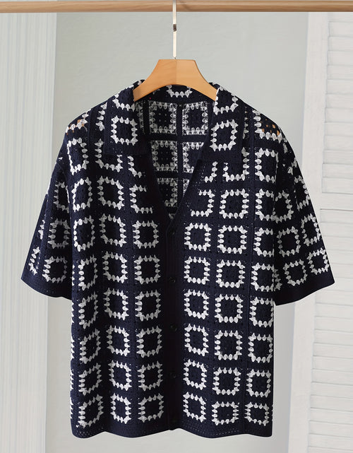 Load image into Gallery viewer, Men&#39;s Geometric Crochet Cardigan - Black &amp; White Contrast Short Sleeve Open Front Button Detail, Relaxed Fit Casual All-Season Knit Sweater, Versatile Fashion, Classic Turndown Collar, Elegant Button Closure
