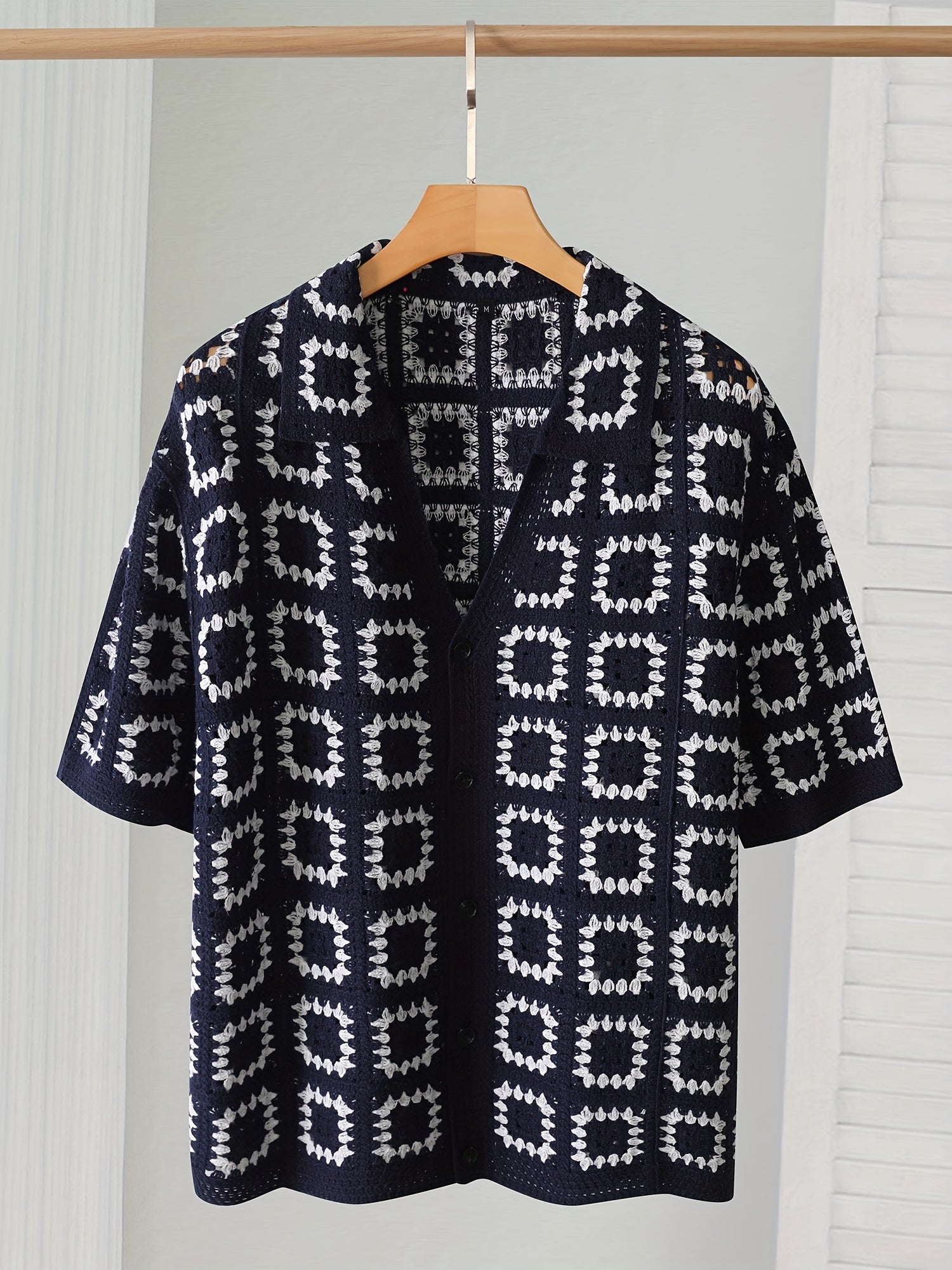 Men's Geometric Crochet Cardigan - Black & White Contrast Short Sleeve Open Front Button Detail, Relaxed Fit Casual All-Season Knit Sweater, Versatile Fashion, Classic Turndown Collar, Elegant Button Closure