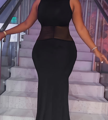 Plus Size High Neck Bodycon Mermaid Maxi Dress Semi-Sheer Medium Stretch Solid Color Black Fashion Machine Washable All Seasons