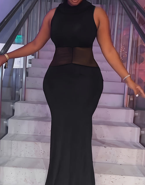 Load image into Gallery viewer, Plus Size High Neck Bodycon Mermaid Maxi Dress Semi-Sheer Medium Stretch Solid Color Black Fashion Machine Washable All Seasons
