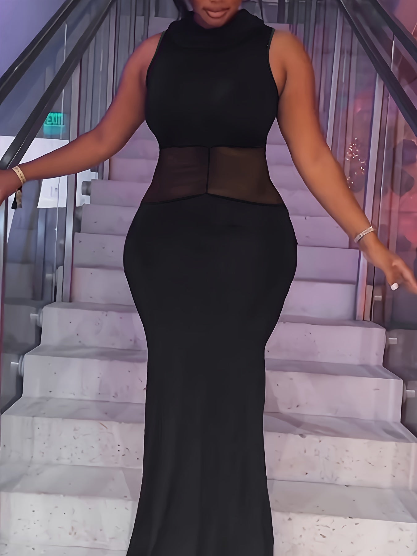 Plus Size High Neck Bodycon Mermaid Maxi Dress Semi-Sheer Medium Stretch Solid Color Black Fashion Machine Washable All Seasons