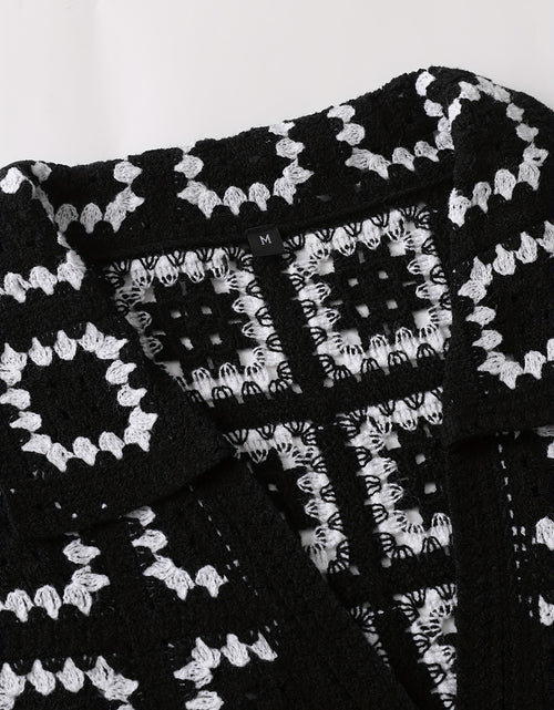 Load image into Gallery viewer, Men&#39;s Geometric Crochet Cardigan - Black &amp; White Contrast Short Sleeve Open Front Button Detail, Relaxed Fit Casual All-Season Knit Sweater, Versatile Fashion, Classic Turndown Collar, Elegant Button Closure
