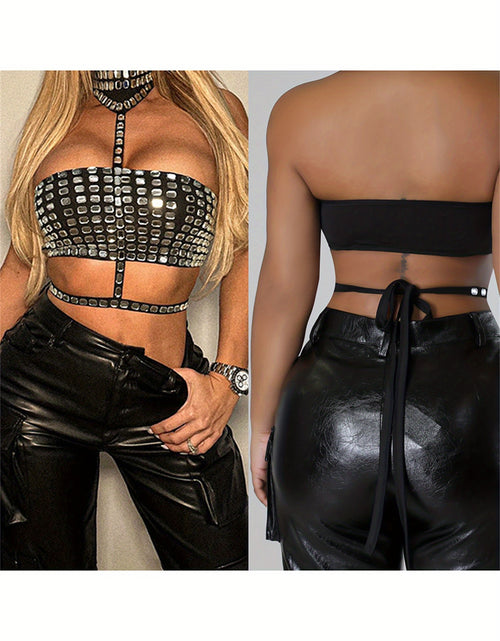 Load image into Gallery viewer, Women&#39;S Halter Tank Tops Shiny Rhinestone Sleeveless Back Tie-up Vest Slim Fit Crop Streetwear

