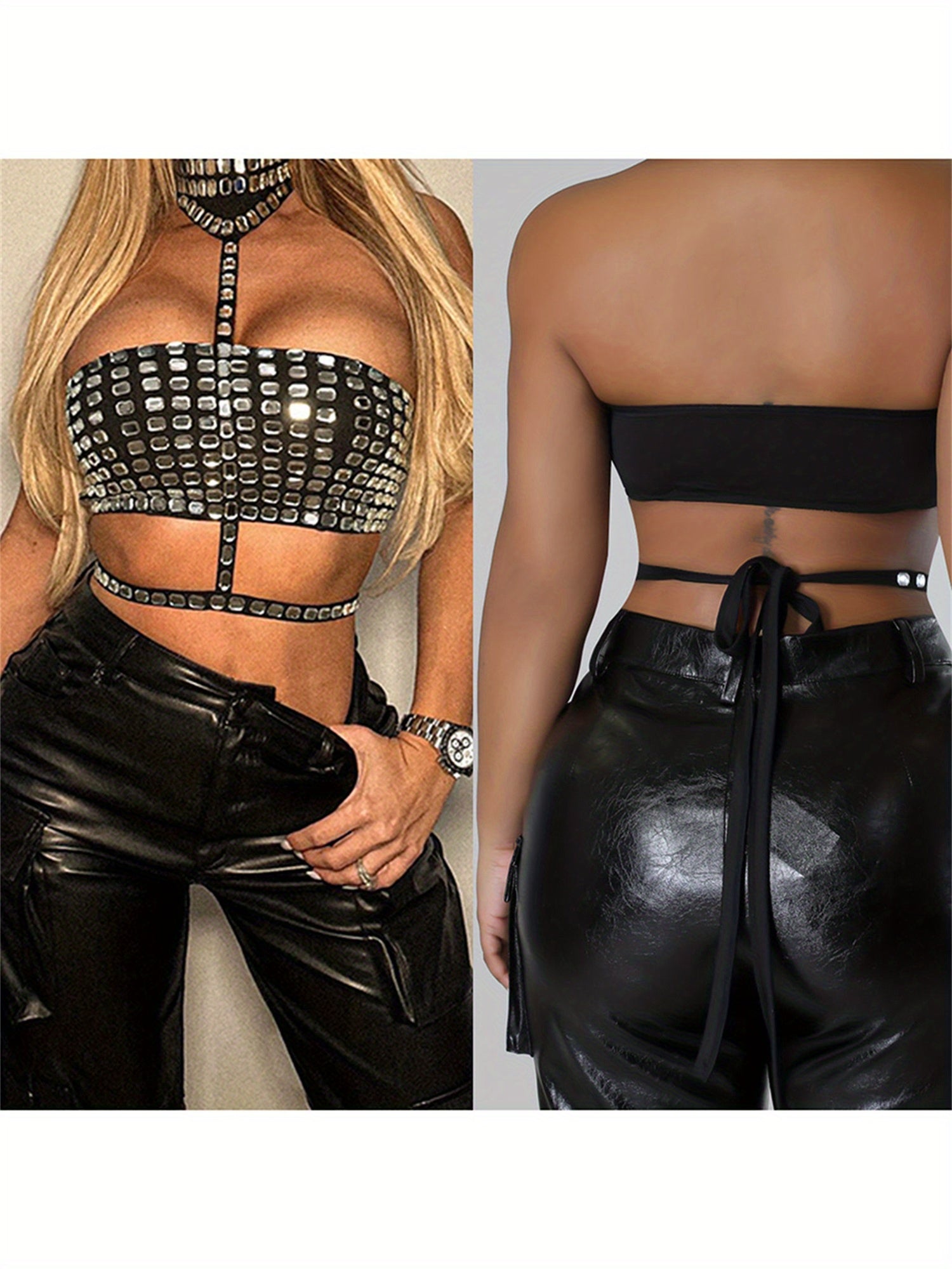 Women'S Halter Tank Tops Shiny Rhinestone Sleeveless Back Tie-up Vest Slim Fit Crop Streetwear