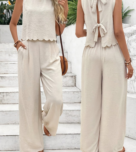 Frenchy Women Summer  Simple Everyday Old Money Style Linen Tie Two Piece Set, Tie Two Piece, Shell Trimmed Sleeveless Top And Pants