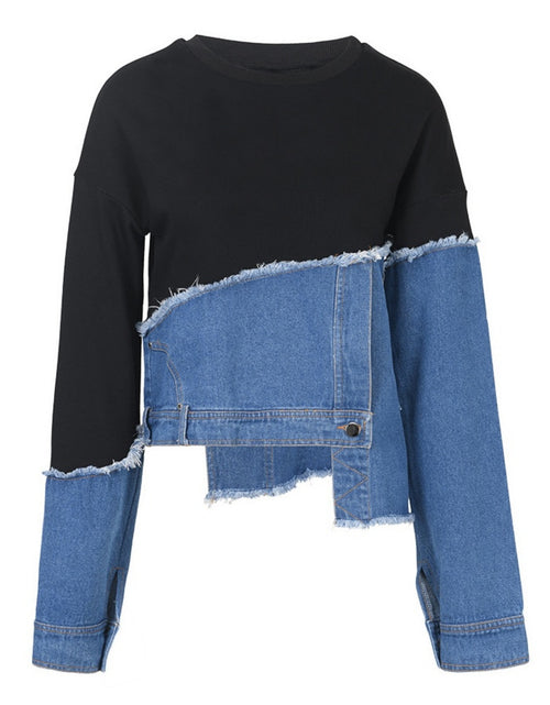 Load image into Gallery viewer, Women's Oversized Denim Patchwork Jacket-like Top - Casual Long Sleeve Crew Neck Blazer with Asymmetrical Collar, Fringe-Free Patchwork Design (No Chest Padding), All-Season Versatile Wear, Hand Washable Jeans-Inspired Blouse
