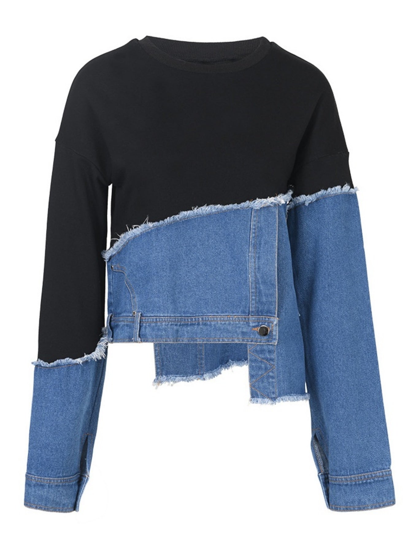 Women's Oversized Denim Patchwork Jacket-like Top - Casual Long Sleeve Crew Neck Blazer with Asymmetrical Collar, Fringe-Free Patchwork Design (No Chest Padding), All-Season Versatile Wear, Hand Washable Jeans-Inspired Blouse