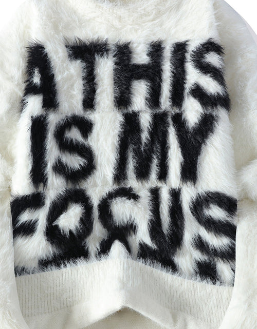 Load image into Gallery viewer, Men&#39;s Thick Fuzzy Sweater with Fleece &amp; &quot;THIS IS MY FOCUS&quot; Letter Print - White/Black Winter Warm Coat Jacket-like Collar, Loose Fit Round Neck Pullover for Casual &amp; Wear (No-Sew Design)
