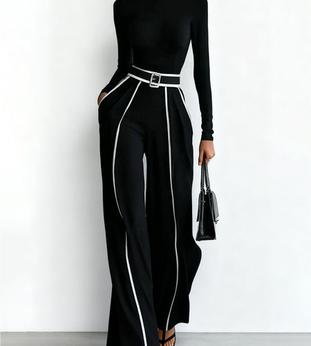 Black Mock Neck Top + Black White Striped Wide-Leg Pants Set for Women | Capable Fashion Style