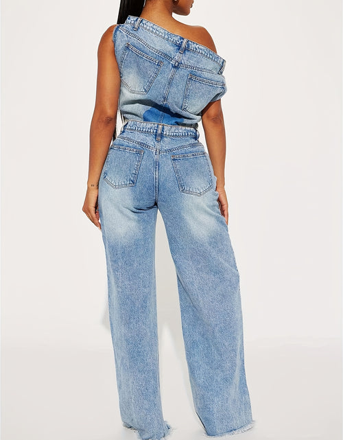 Load image into Gallery viewer, Women&#39;s Denim Jumpsuit - Y2K Inspired, Distressed Blue, Wide Leg, Asymmetrical Hem, Vintage 90s Style

