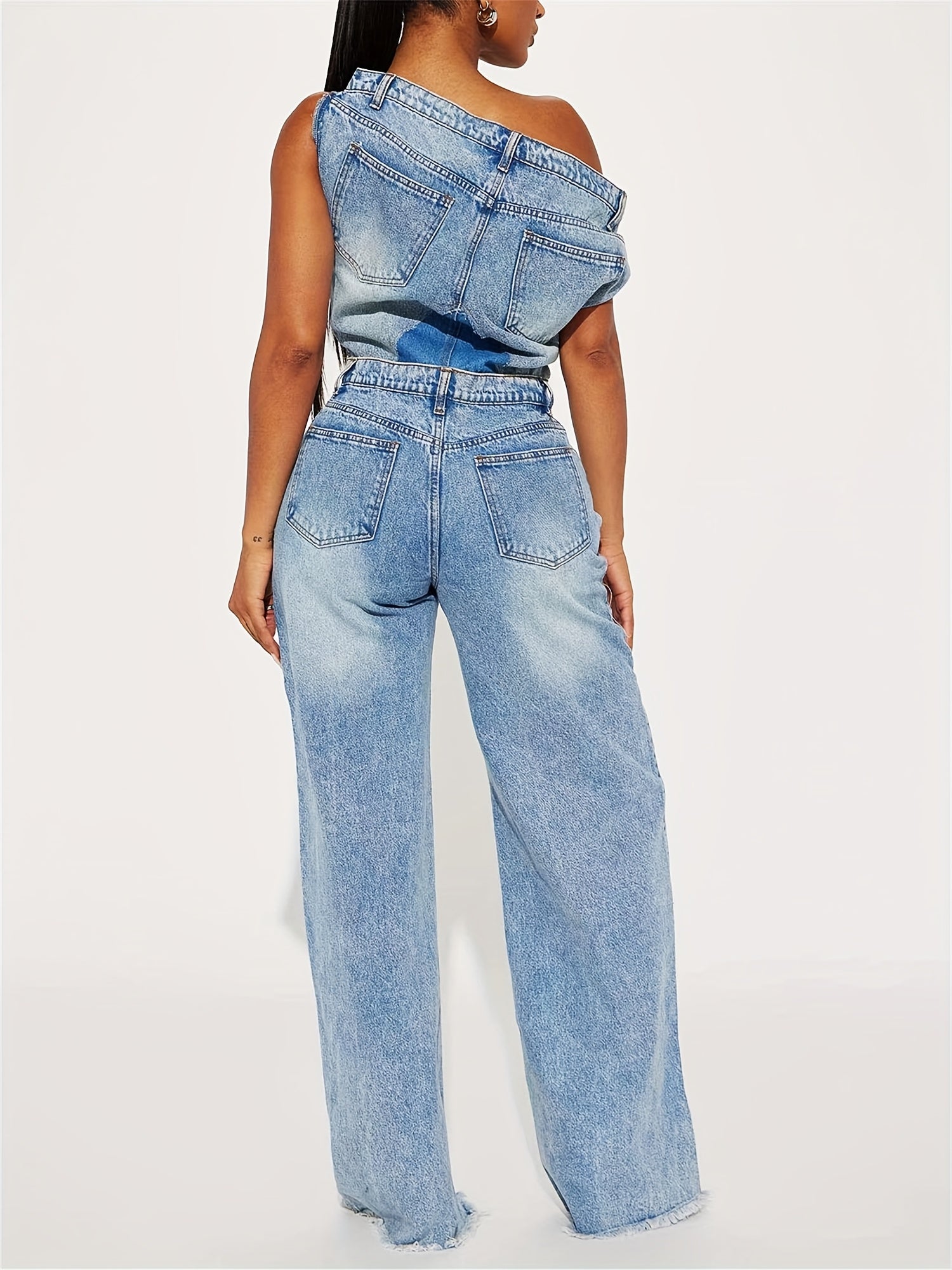 Women's Denim Jumpsuit - Y2K Inspired, Distressed Blue, Wide Leg, Asymmetrical Hem, Vintage 90s Style