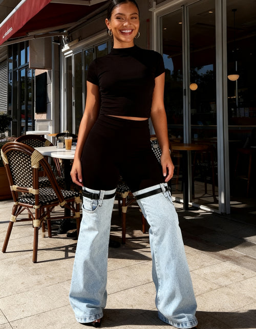 Load image into Gallery viewer, Women High Waist Slim Fit Flare Leggings - Black &amp; Light Wash Denim Bell-Bottom Pants with Adjustable Buckle Strap,  Retro Streetwear Style, All-Season Stretch Denim for Casual Outfits
